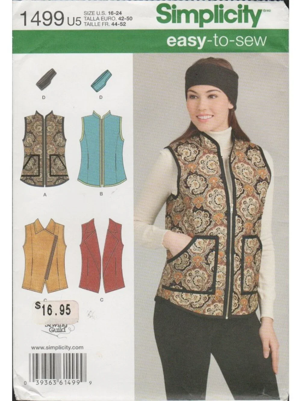 Simplicity 1499 Easy Fall Winter Vest Outerwear Pattern Size 16-24 Uncut
